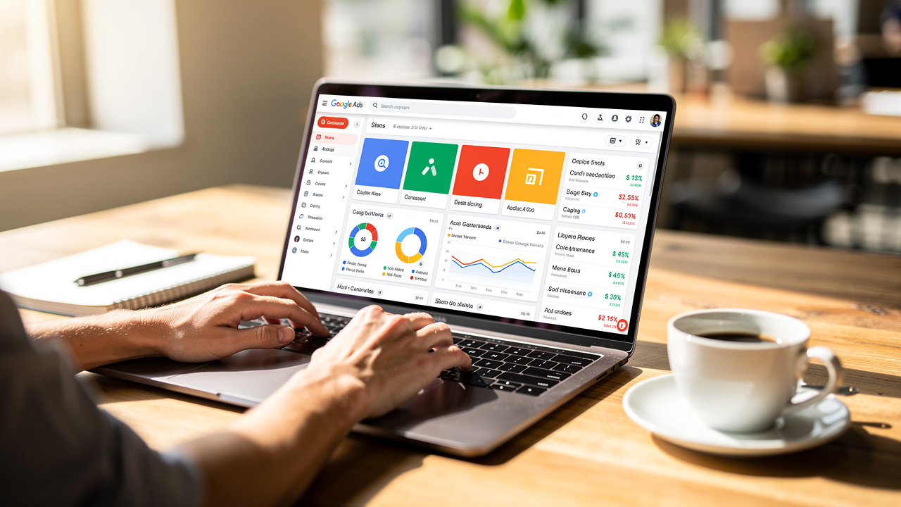 Google Ads campaign dashboard on laptop screen