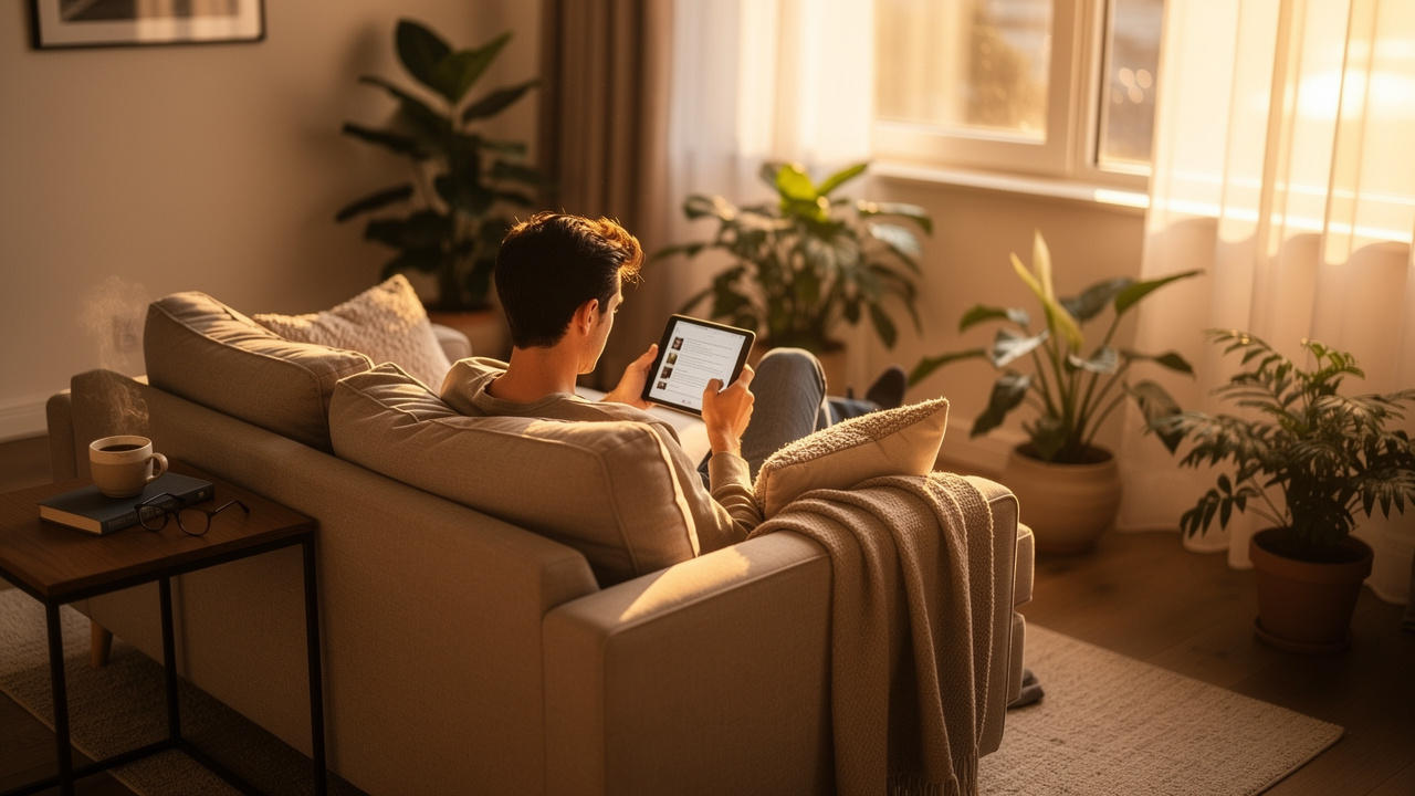 Viewer watching YouTube content in comfortable home setting