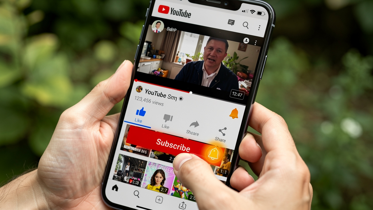 Mobile user tapping YouTube subscribe button